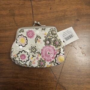 New White Floral Print Sequin Coin Purse Snap Closure Small Multi-Color Colorful